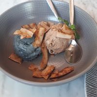 Coconut based ice cream - charcoal peanut and chocolate orange flavours at Terra in 