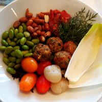 IKEA in Aalborg, Denmark. A »pokesalad« (cold veggie balls, 9 different vegetables and a dressing) at IKEA in Aalborg