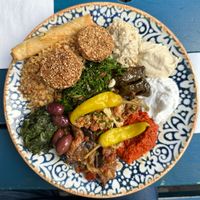 Tasty little vegetarian bites on one plate.   at Tabbouli Street in Stockholm