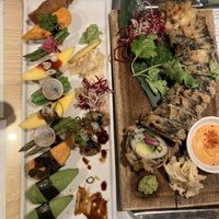 Sushi platter and crispy veg roll dish   at Tokyo Diner in Stockholm