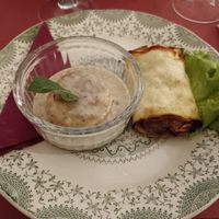 Flan di formaggio con crema ai funghi e involtino con cipolla e formaggio at Antica Casa Rava in Alessandria