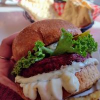 Latke burger at Aux Vivres - St Laurent in Montreal