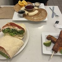 B.L.T. Tempeh Satay and pancakes.   at Aux Vivres - St Laurent in Montreal