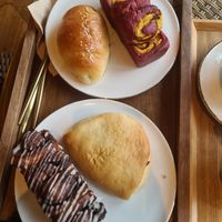 Red bean pumpkin cake, Salt bread (not vegan), soy curd bread, cinnamoncake at Doco - City Farm House Cafe in Busan