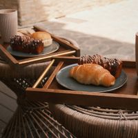 Iced vanilla lattes, cinnamon bun and salt bread (lacto, not vegan)  at Doco - City Farm House Cafe in Busan