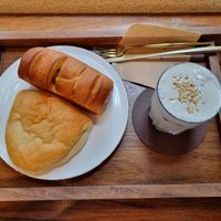 Sunshine Doko drink with pumpkin bread and pastry filled with a soybased cream at Doco - City Farm House Cafe in Busan