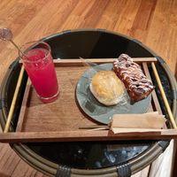 Watermelon juice with cinnamon bread and a coconut cream bun at Doco - City Farm House Cafe in Busan