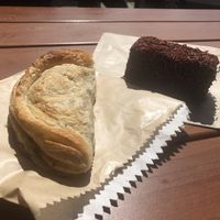 Regular vegan pastie and vegan lamington at Apollo Bay Bakery in Apollo Bay