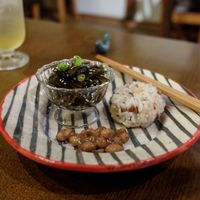 Appetizer plate with rice ball, seaweed and peanut at Itadakizen Colline de Tara in Nagoya