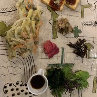 tempura vegetables, tofu steak, pickles and straw vegetables at Itadakizen Colline de Tara in Nagoya