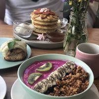 Smoothie bowl and pancakes!   at I Am Vegan Babe in Canggu