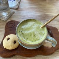 Matcha with soy milk and big cookie  at I Am Vegan Babe in Canggu