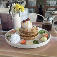 Pancakes with vanilla ice cream and a berry smoothie  at I Am Vegan Babe in Canggu