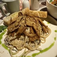 The mushroom Alfredo pasta with chicken is amazing!  at I Am Vegan Babe in Canggu
