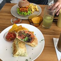 Burrito and vegan ‘chicken’ burger  at I Am Vegan Babe in Canggu