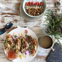 Waffles and cacao tree bowl  at I Am Vegan Babe in Canggu