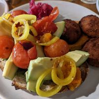 Vegan avocado on toast with a side of sweet potato falafel at Felix For Goodness in Brisbane