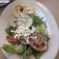 Greek side salad & hummus that came with Vegetarian Falafel Platee  at Petra Cafe in Hattiesburg