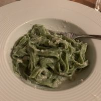 Tagliolini alla spirulina e pesto di mandorle, buonissimi at La Cullera in Alghero