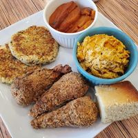 Crab cakes, drumsticks, yams, mac, cornbread ♡ at VelTree in Charlotte