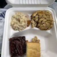 BBQ ribs with Mac n Cheeze, potato salad and cornbread   at VelTree in Charlotte