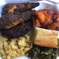 Vegan Drumsticks, Mac and Cheese, Sweet Potato Yams, Collard Greens, and Cornbread at VelTree in Charlotte