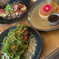 Vegan pancakes and vegan toast in the front (back is non vegan) at Fauna & Flora in Lisbon