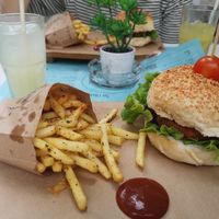 Chickpea burger with fries at Hamburgueria do Mercado in Funchal