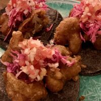 Baja style cauliflower tacos (battered and fried)  at Barba Negra in Holbox
