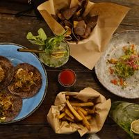 Mushroom tacos, fries and a serving of guac, enough to feed 2 people and only 230 pesos! at Barba Negra in Holbox