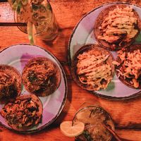 Mushroom & garlic tacos up top, battered cauliflower down below at Barba Negra in Holbox