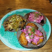 Vegan diablo mushroom taco, garlic smoked chilly mushroom taco & califlower taco at Barba Negra in Holbox