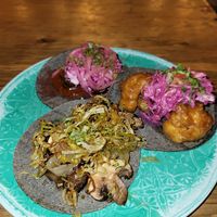 Vegan diablo mushroom taco, garlic smoked chilly mushroom taco & califlower taco at Barba Negra in Holbox