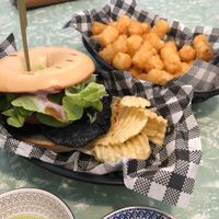 Burger with mushroom instead of beef patty, tater tots  at Hissy Fits Cafe in Tamworth