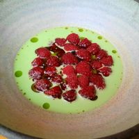 Cold raspberry-asparagus soup at Opa in Tel Aviv