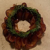 Plum, black mustard compote, almonds, dill at Opa in Tel Aviv