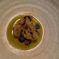 Blueberries, golden berries, fermented potatoes, pickled mustard seeds. at Opa in Tel Aviv