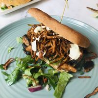 Focaccia with oysters mushrooms at Happy Food and Health  in Rotterdam