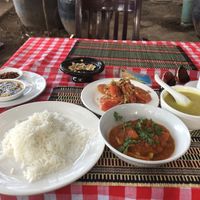 Set Menu - Rice, Lentil Soup, Tomato Tofu Curry, Tomato Salad.  at The Moon - Old Bagan in Bagan