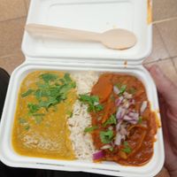 Curry of the day - left mild, right hotter and rice below. at Snackwallah in Newcastle Upon Tyne