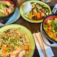 Soups (one of the spicier soups I've had in DE and a lemongrass soup as well), udon stir-fry with vegan shrimp; saucy mushroom-stuffed tofu dish at Chay Viet Tadilen Restaurant in Wurzburg