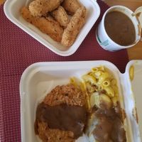 Southern fried chicken, mashed potatoes and gravy, Mac n cheese, chicken fingers and gravy at Binge Kitchen in San Antonio