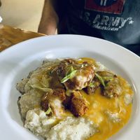 “Shrimp” & grits…just the way hubby remembered pre plants.   at Binge Kitchen in San Antonio