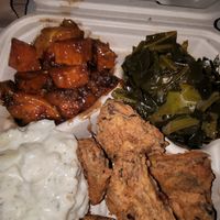 Greens, yams, fried mushrooms and potato salad at Binge Kitchen in San Antonio