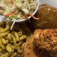 Southern Fried Chick'n w/ Mac n "Cheese", Mashed Potatoes, and Cole Slaw  at Binge Kitchen in San Antonio