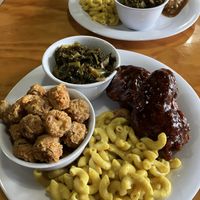 Fried okra, Mac and cheese, greens, BBQ chicken   at Binge Kitchen in San Antonio