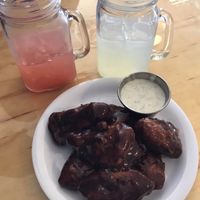 BBQ Chick’n Wings! Strawberry Lemonade-YUMMY! and regular sweet lemonade at Binge Kitchen in San Antonio