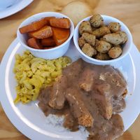 Southern plate with okra, yams and macaroni at Binge Kitchen in San Antonio