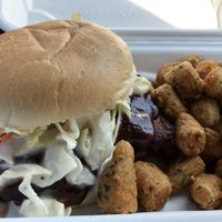 Chopped BBQ and fried okra! 😍😍😍 at Binge Kitchen in San Antonio