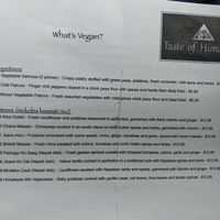 Vegan menu at Taste of Himalayas in St Charles